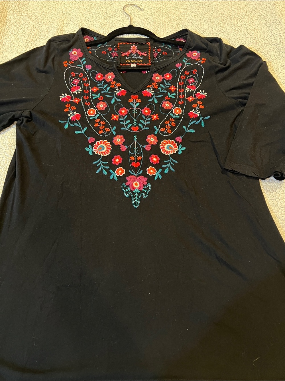 Johnny Was Black Short-Sleeve Tee with Red & Teal Floral Embroidery